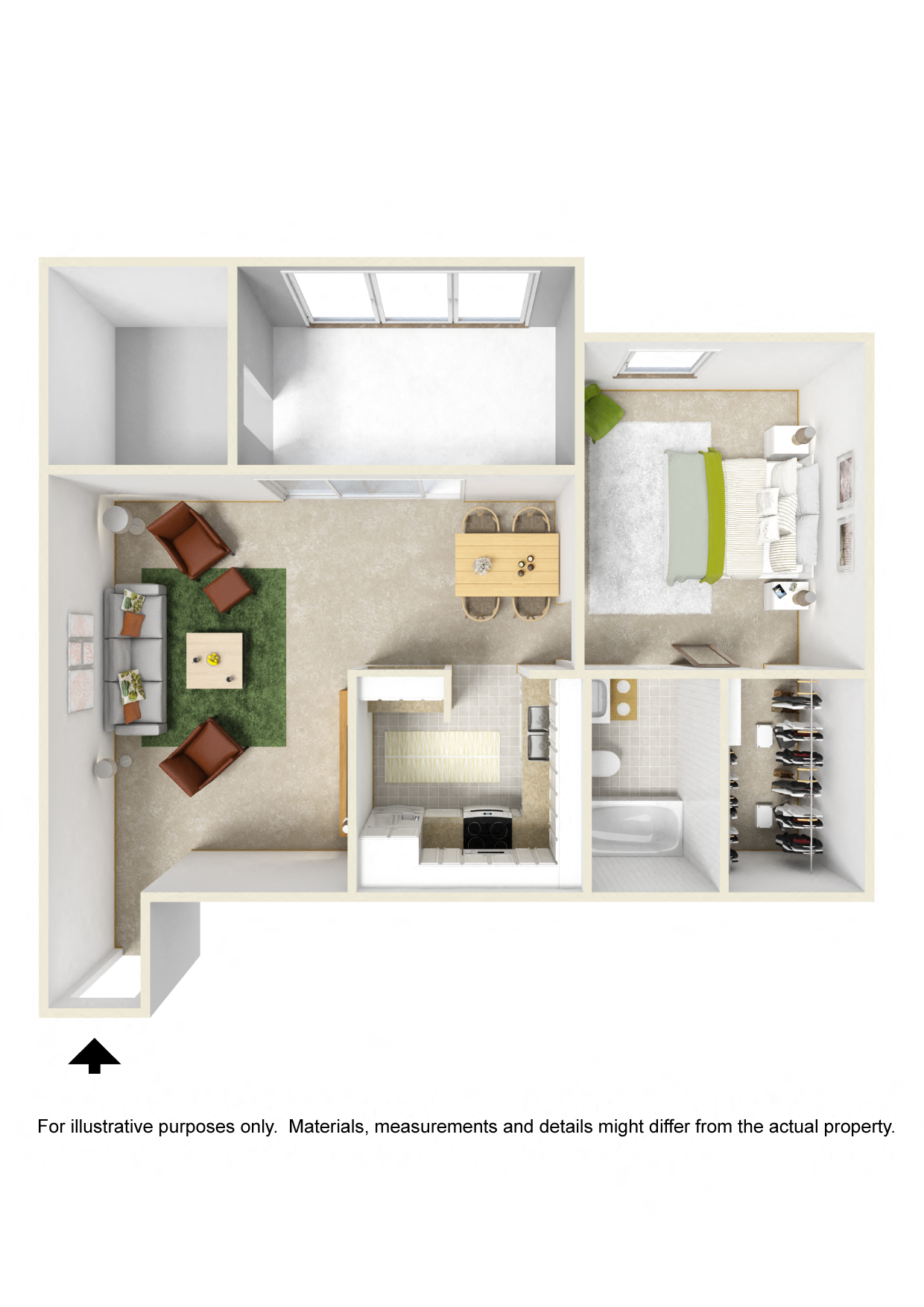 Floor plan for 1 bed, 1 bath, 807 sqft